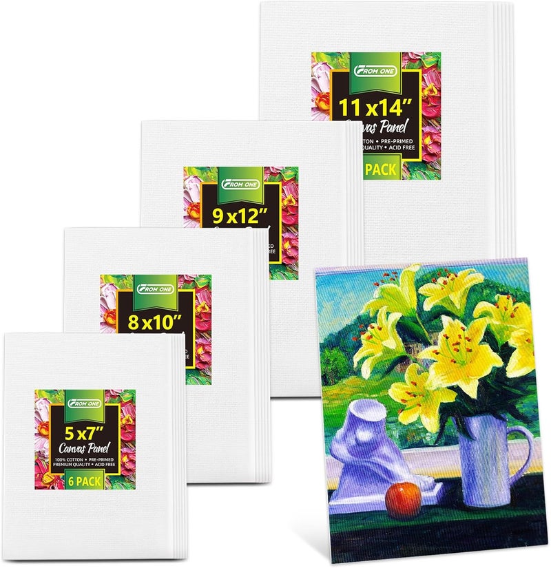 FROM ONE 24PK Canvas Boards for Painting –4 Sizes (5x7'' 8x10'' 9x12'' 11x14'') –100% Cotton Gesso Pre-Primed Canvas for Acrylic, Oil, Watercolor, Gouache | Art Supplies for Beginner & Artists & Student - Image 1